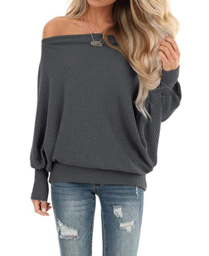 Women's Oversized Off-the-Shoulder Waffle Knit Pullover