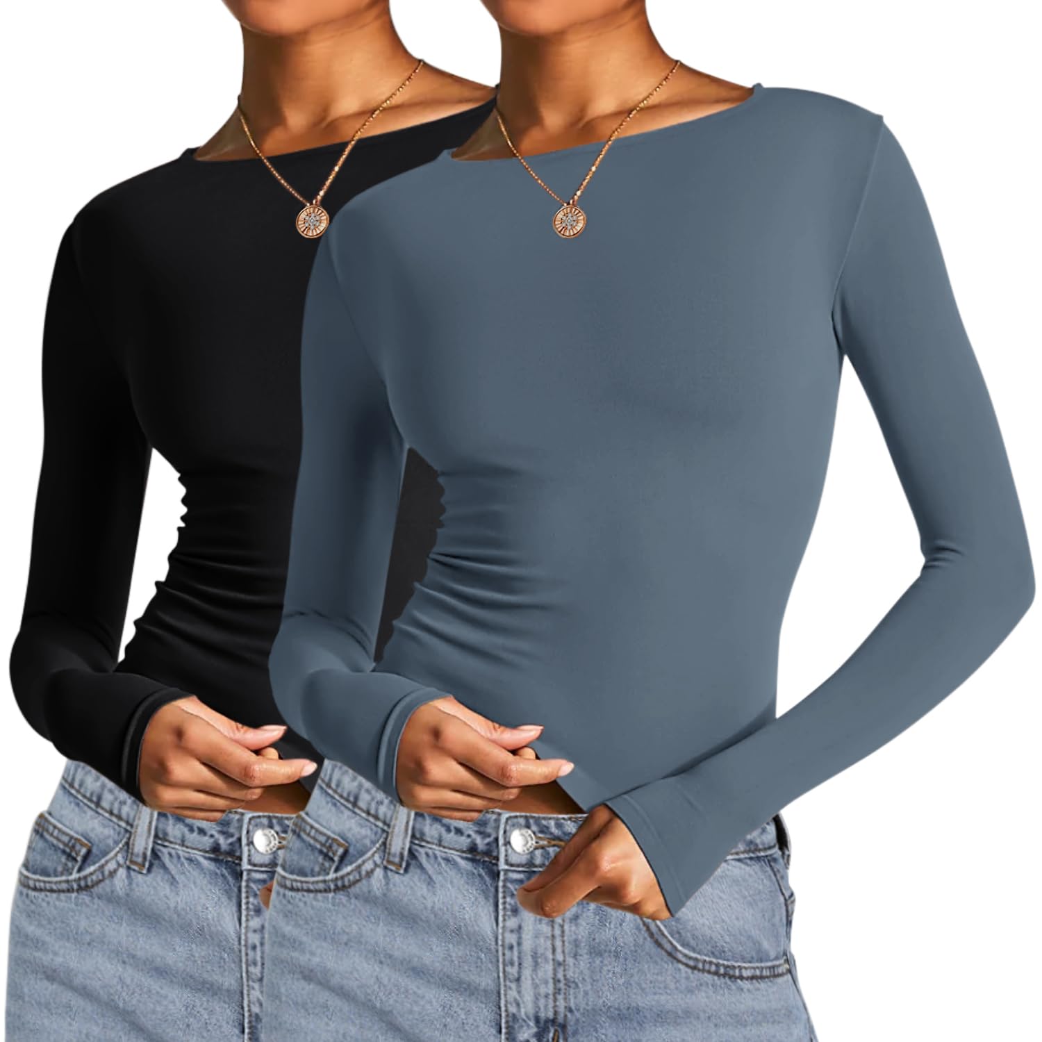 Basic Long Sleeve Crop Tops for Women - 2 Pack for Casual Outfits